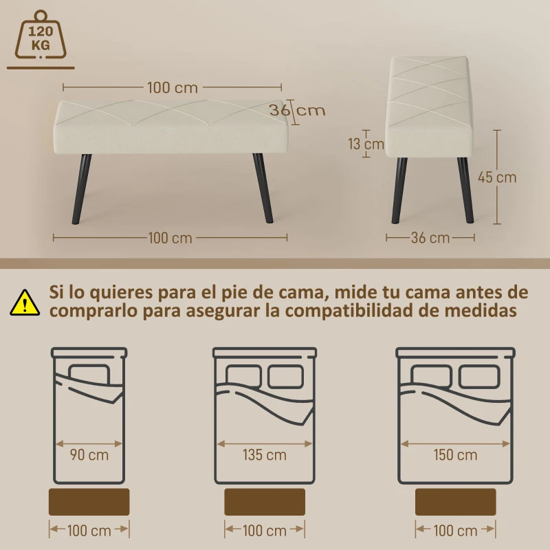HOMCOM Taburete Pie de Cama Multifuncional con Pies de Acero y Asiento Acolchado para Entrada Pasillo 100x36x45 cm Blanco Crema