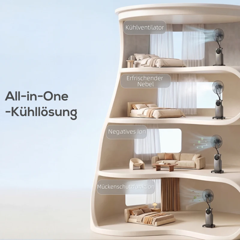 HOMCOM Sprühnebelventilator mit Fernbedienung, Standventilator mit Wassernebel, 70° Oszillation, 3 Geschwindigkeiten, 3 Modi, 3,1L Wassertank