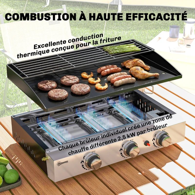 Outsunny Plancha Gaz en Inox, 3 Brûleurs, Barbecue à Gaz avec Plaque Émaillée et Grille de Réchauffage, 7,5 kW, 62x44x21cm, Noir
