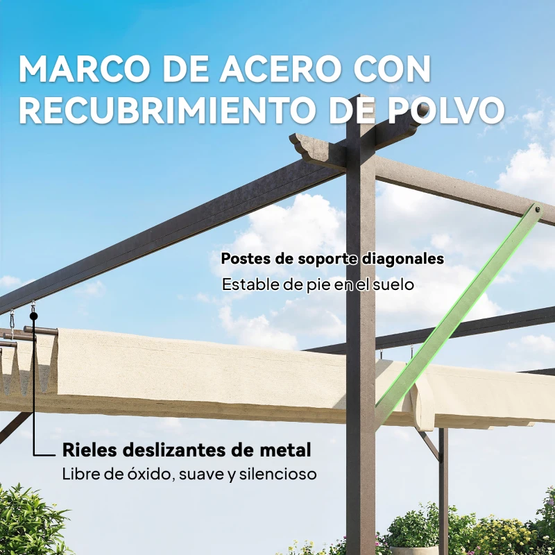 Outsunny Pérgola de Pared de Jardín 4x3 m con Techo Retráctil Protección UPF30+ Drenaje Cenador de Jardín para Exterior Crema