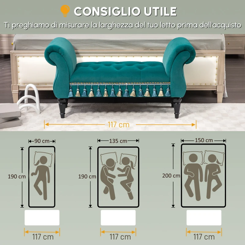 HOMCOM Panca Imbottita, Design Vintage, fino a 150 kg, 117x40x58 cm, Verde