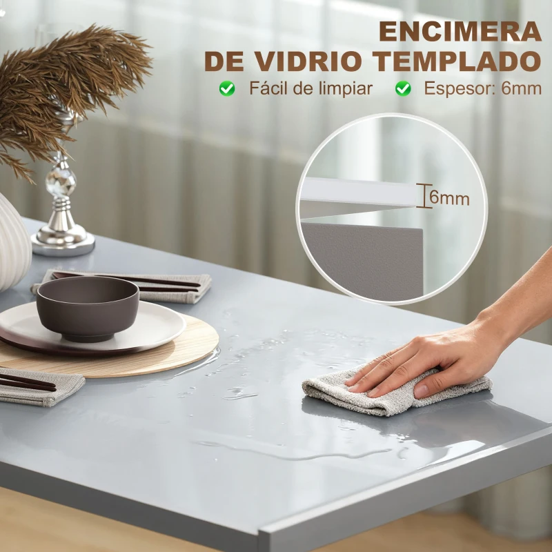 HOMCOM Mesa de Cocina de Cristal para 4-6 Personas con Patas de Metal Multifuncional para Cocina Salón 120x60x75 cm Gris