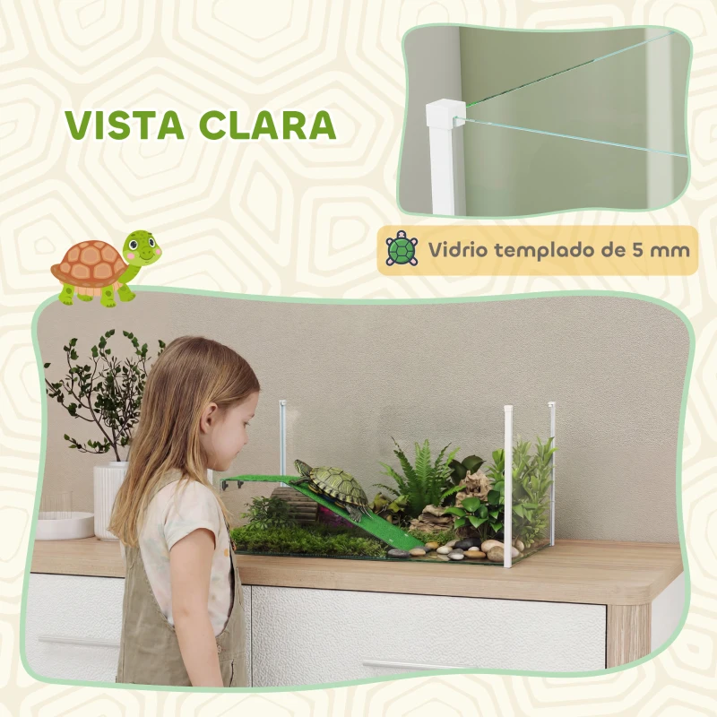 PawHut Acuario para Tortugas Terrario de Tortugas con Plataforma Rampa y Vista Panorámica 360° 60x35x28 cm Blanco