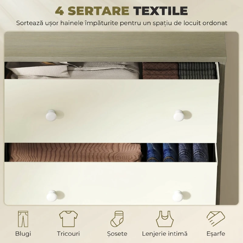 HOMCOM Comodă cu 4 Sertare Pliabile și Mânere Duble, din Lemn, Oțel și Material Textil, 58x30x91 cm, Alb și Gri