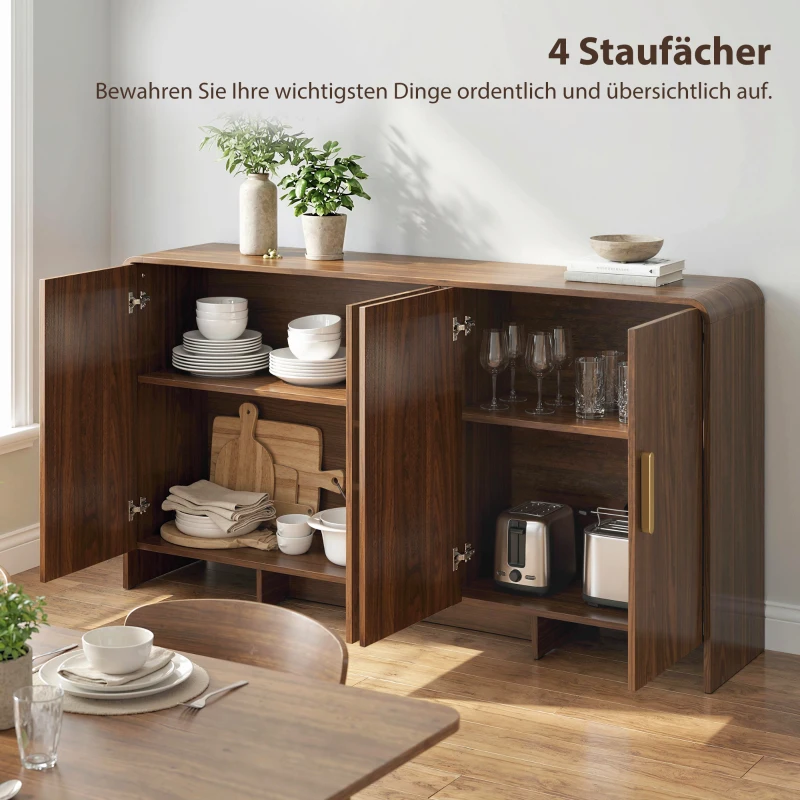 HOMCOM 152 cm Sideboard Küchenschrank mit 4 Soft-Close-Türen, TV-Schrank für Wohnzimmer Küche, Walnussbraun