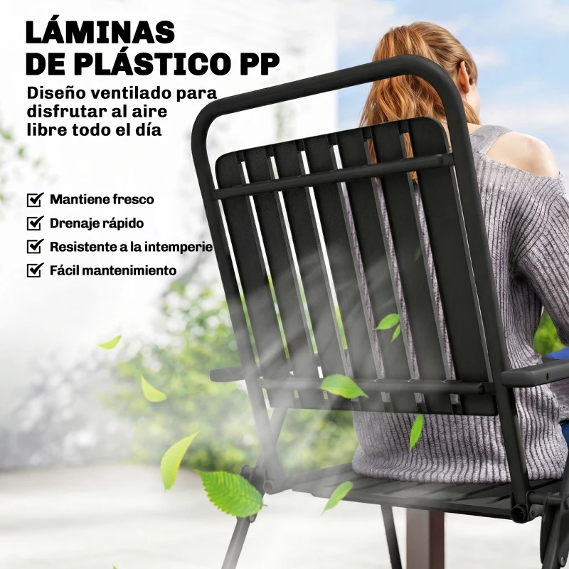 Outsunny Juego de 4 Sillas de Jardín Exterior Plegables con Reposabrazos Respaldo y Asiento Marco Metálico 55x63x93 cm Negro
