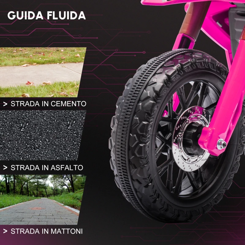 AIYAPLAY Moto elettrica per bambini, motocicletta 12V con rotelle di supporto, veicolo per bambini con clacson e suoni di avviamento, 3 km/h, Rosa