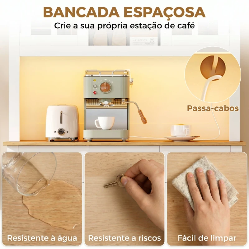 HOMCOM Alacena de Cozinha com Iluminação LED Controlada por APP Tampo para Micro-ondas Suporte para Garrafas Portas de Vidro Branco