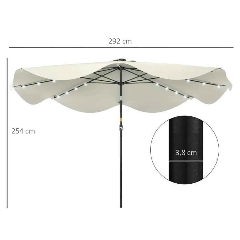 Outsunny Sombrilla de Jardín Manual Ø292x254 cm con 32 Luces LED Solares 8 Varillas Impermeable y Rejillas de Ventilación Crema