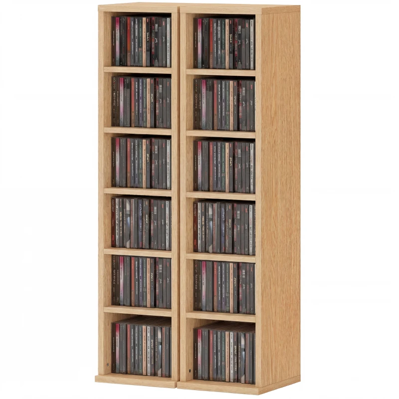 HOMCOM Set 2 Mobili Porta CD a 6 Ripiani Regolabili per 204 CD in Legno, 21x22.5x88.5 cm, Color Legno