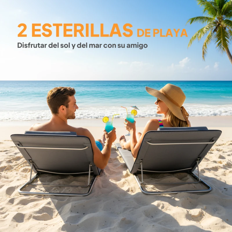 Outsunny Conjunto de 2 Esterillas con Respaldo Reclinable en 5 Niveles Reposacabezas y Bolsa de Transporte 134x48x33-43 cm Gris