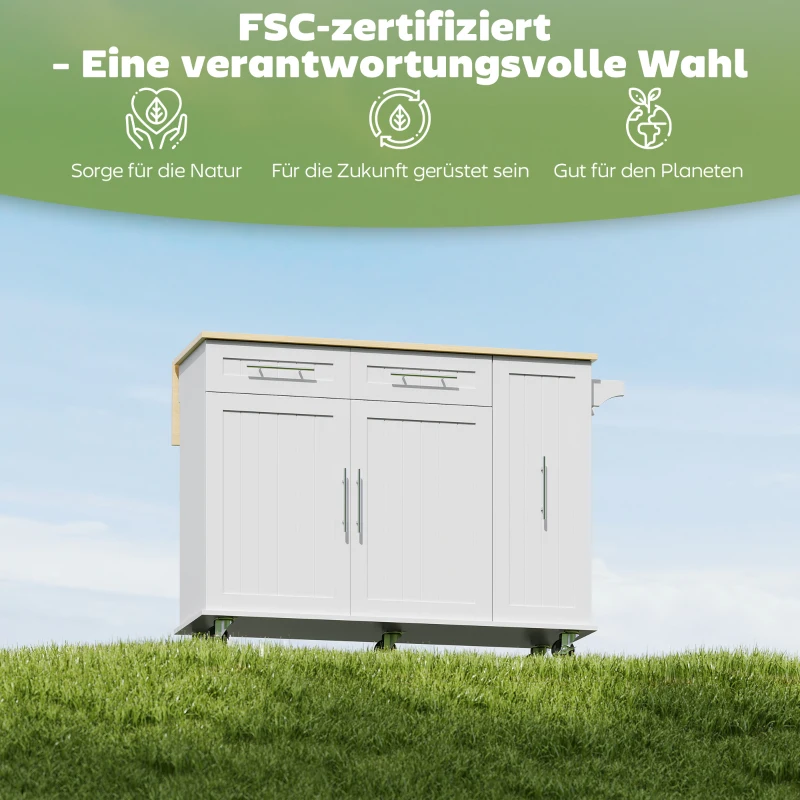 HOMCOM Fahrbare Kücheninsel, erweiterbare Oberfläche, Schranktüren, Schubladen, Handtuchhalter, Küchenwagen aus MDF, Weiß