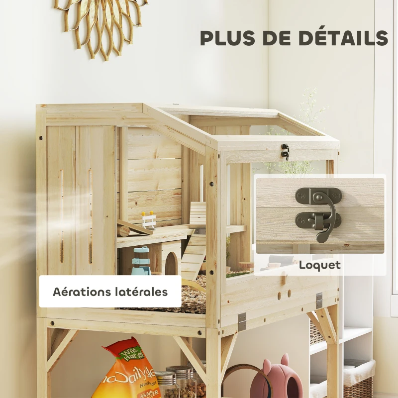 PawHut Cage hamster en bois, cage rongeur à 2 niveaux, étagère de rangement, couvercle ouvrant, 84 x 53 x 110 cm, bois naturel