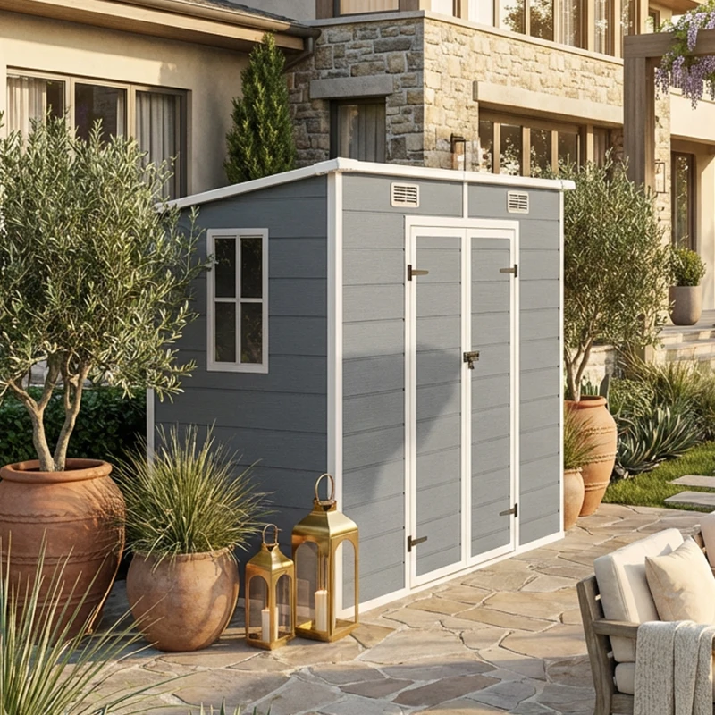 Outsunny Casetta da Giardino in Resina con Pavimento, 2 Porte con Blocco, Finestra, 2.4 x 1.3 m, Grigio