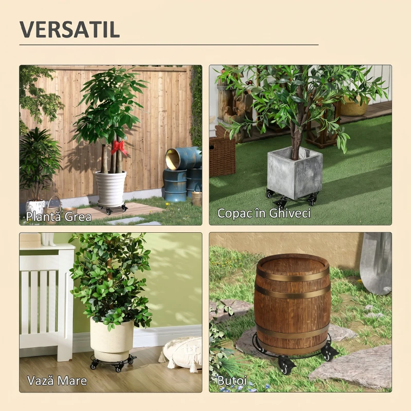 Outsunny Cărucior Suport Ghiveci cu Roți Ø30cm din Metal cu Roți Pivotante și Frână, Negru