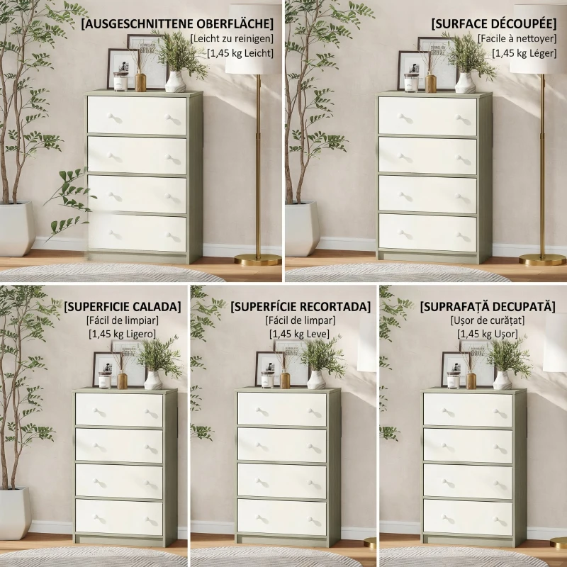 HOMCOM Comodă cu 4 Sertare Pliabile și Mânere Duble, din Lemn, Oțel și Material Textil, 58x30x91 cm, Alb și Gri