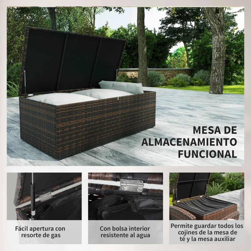 Outsunny Conjunto de Jardín Exterior de Ratán 6 Piezas Cojines Sofá Doble Sofá 3 Plazas 2 Sillones 2 Mesas Auxiliares Beige