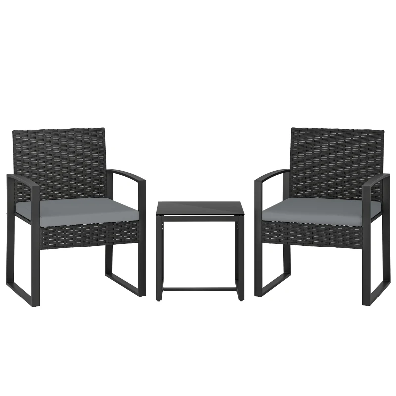 Outsunny Conjunto de Muebles de Jardín de Ratán Sintético con 2 Sillas con Cojines Extraíbles y Mesa con Tablero de Vidrio Gris