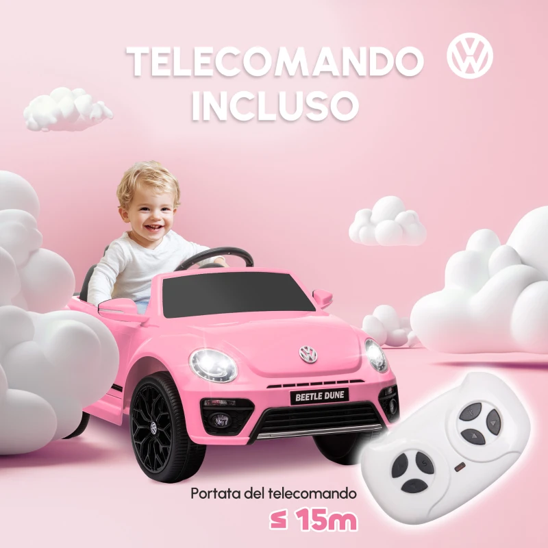 AIYAPLAY Veicolo elettrico per bambini, VW Käfer, 3-5 km/h, con telecomando e musica, Rosa