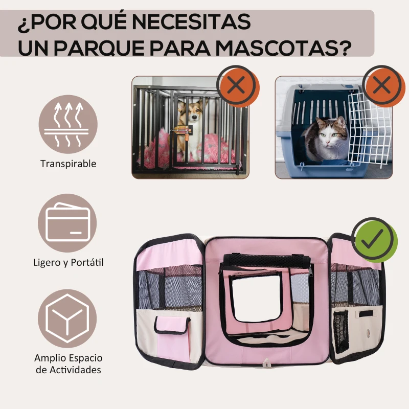 PawHut Parque Plegable para Perros y Gatos Corralito Portátil para Animales Pequeños Impermeable de Tela Oxford Ø90x41 cm Rosa