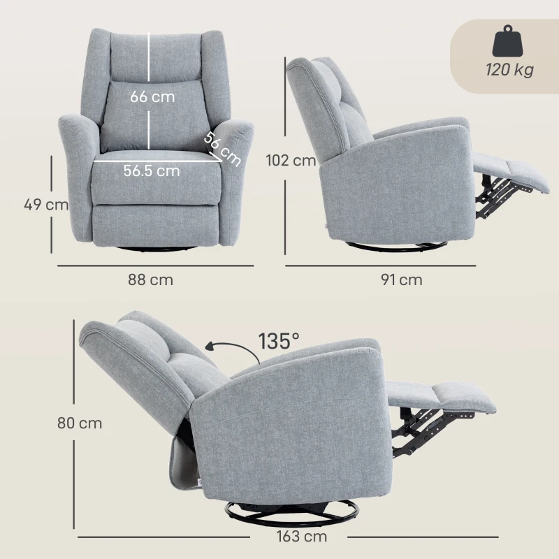 HOMCOM Fotoliu balansabil cu funcție rotativă, material rezistent la zgârieturi și șezut lat și adânc pentru living, gri deschis