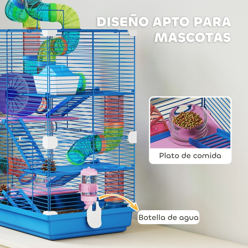 PawHut Jaula de Hámster con Túnel Plataformas Cuenco Bebedero Casita Rampas y Rueda de Ejercicio 46x30x58 cm Azul