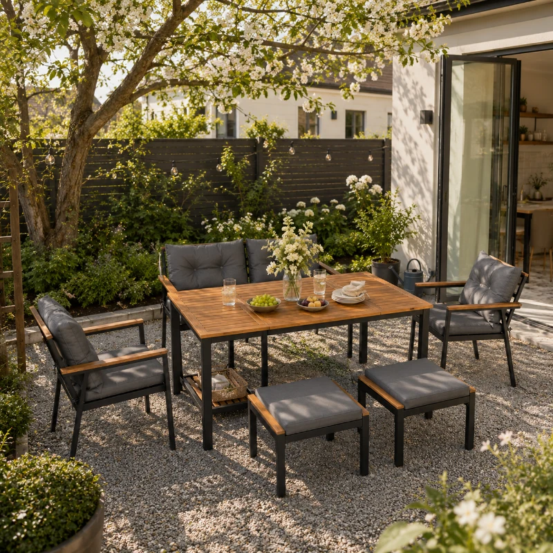 Outdoor-Esstisch- und Stuhlset, 2 Stühle, 2 Hocker, 1 Sofa für zwei Personen, 1 Tisch und 1 vielseitiger Servierwagen, Schwarz+Grau