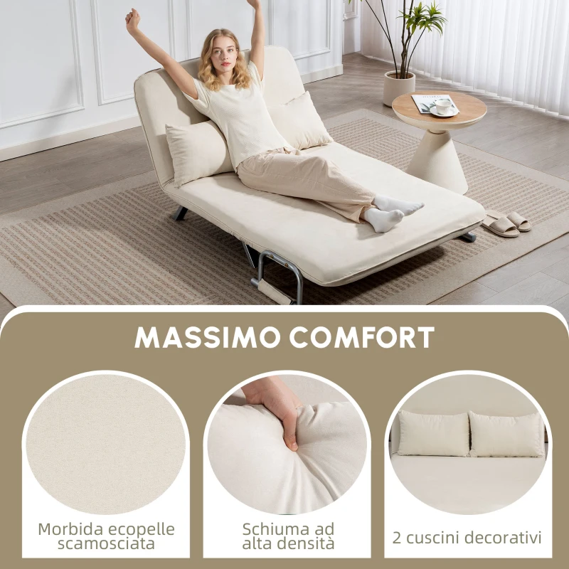 HOMCOM Divano letto 2 posti con schienale regolabile e 2 cuscini, rivestimento in tessuto effetto scamosciato, Beige
