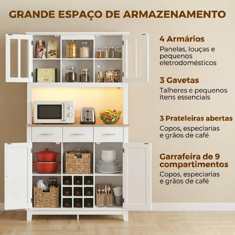 HOMCOM Alacena de Cozinha com Iluminação LED Controlada por APP Tampo para Micro-ondas Suporte para Garrafas Portas de Vidro Branco