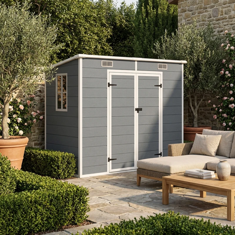 Outsunny Casetta da Giardino in Resina con Pavimento, 2 Porte con Blocco, Finestra, 2.4 x 1.3 m, Grigio