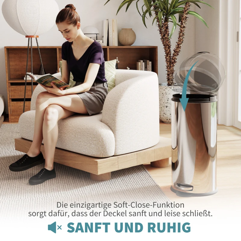 HOMCOM 30L Mülleimer Abfalleimer, Papierkorb, Treteimer mit Deckel, Fußpedal, Müllbehälter mit Inneneimer, Mülltrennung für Wohnzimmer, Büro, Rund