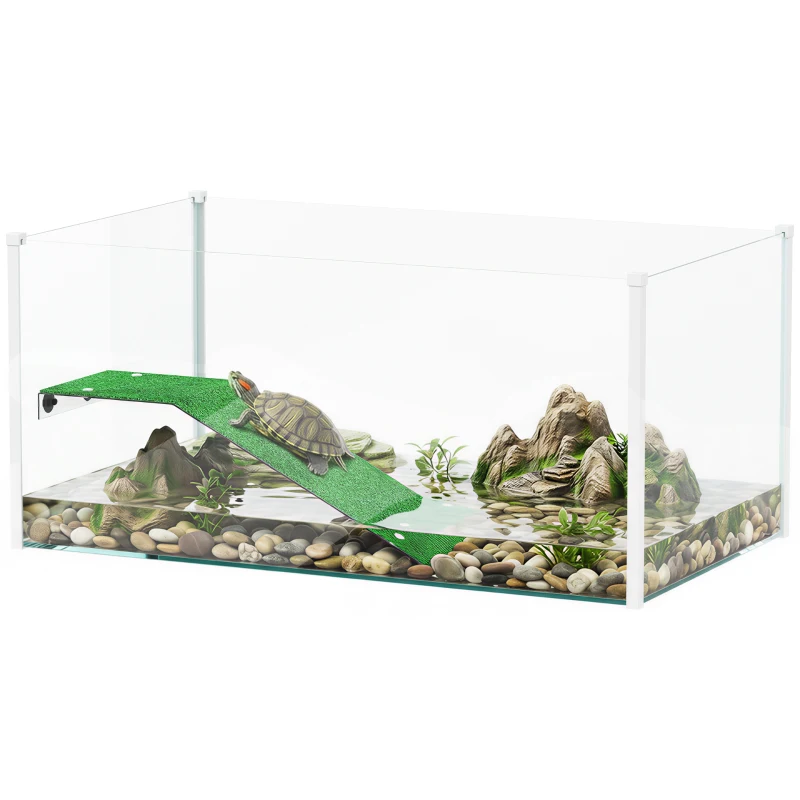 PawHut Acuario para Tortugas Terrario de Tortugas con Plataforma Rampa y Vista Panorámica 360° 60x35x28 cm Blanco
