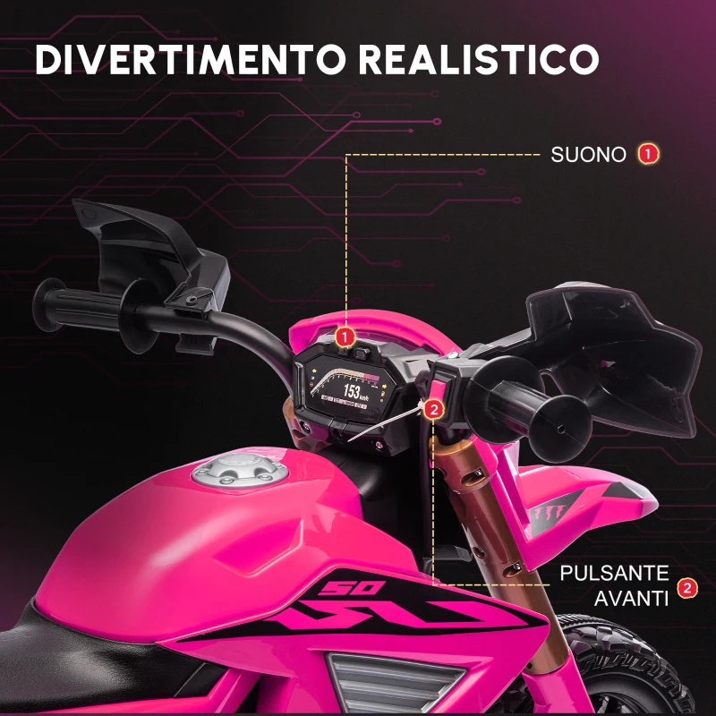 AIYAPLAY Moto elettrica per bambini, motocicletta 12V con rotelle di supporto, veicolo per bambini con clacson e suoni di avviamento, 3 km/h, Rosa