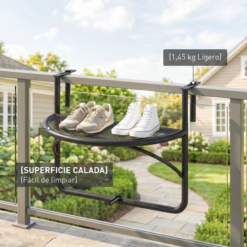 Outsunny Mesa Colgante de Balcón Semicircular 60x47x50 cm Ajustable en Altura Simple y Conveniente para Barandilla de Balcón Terraza Patio