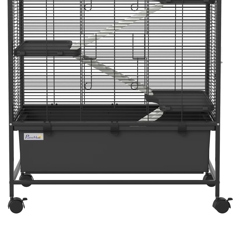 PawHut Gaiola para Coelhos em Aço de 4 Níveis com Plataformas, Rampas, Rodas, Reservatório de Água e Tabuleiro Removível, Preto