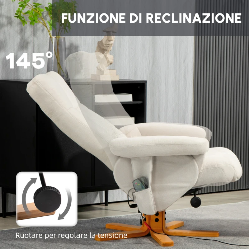 HOMCOM Poltrona massaggiante con poggiapiedi reclinabile a 145°, in poliestere, 80 x 86 x 99 cm, Avorio
