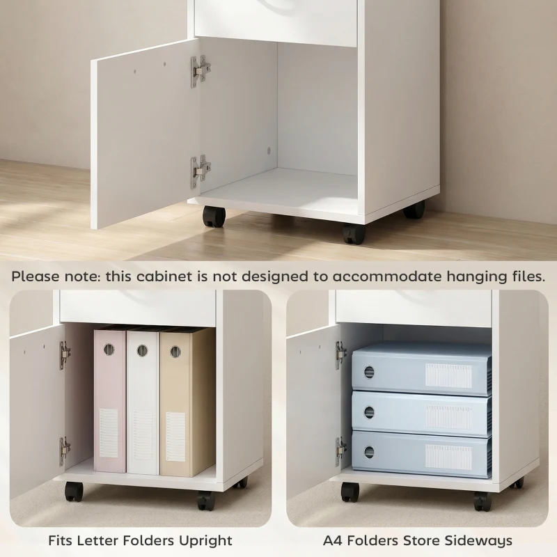 HOMCOM Rollcontainer, Aktenschrank, Bürocontainer mit Schublade, Büroschrank, Aufbewahrung Container, Spanplatte, Weiß, 40 x 35 x 60 cm