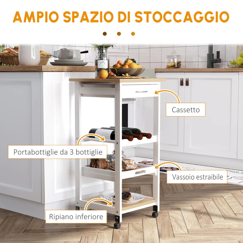 HOMCOM Carrello Da Servizio Carrello Da Cucina A Ruote 2 Ripiani + Piano Estraibile + Cassetto Legno Di Pino Bianco Quercia Chiara