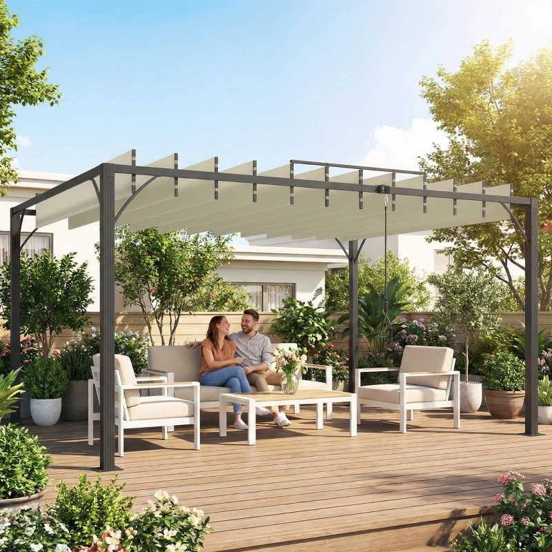 Outsunny Pérgola de Jardín 3x4 m con Protección UPF30+ Gazebo con Techo Ajustable Estructura de Aluminio para Exterior Crema