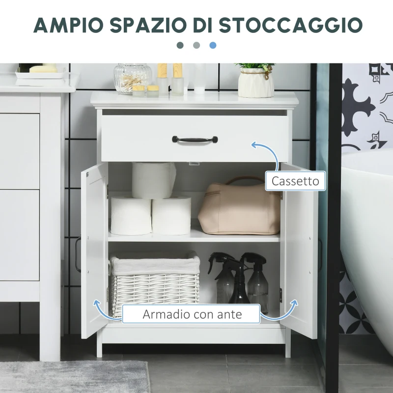 kleankin Mobile Salle de Bain, Armadio Salle de Bain in Piedi con Doppia Porta, Cassetto e Ripiano Regolabile, 60x30x75cm, Bianco