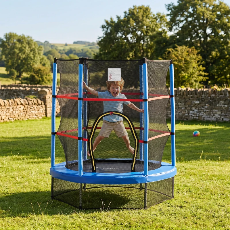 HOMCOM Tappeto Elastico per Bambini da 3 Anni con Rete di Protezione e Corde Bungee Ø140x160Acm, Blu
