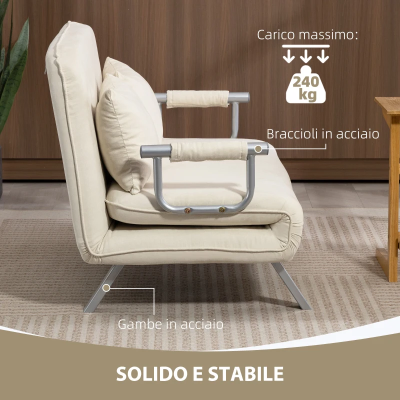 HOMCOM Divano letto 2 posti con schienale regolabile e 2 cuscini, rivestimento in tessuto effetto scamosciato, Beige