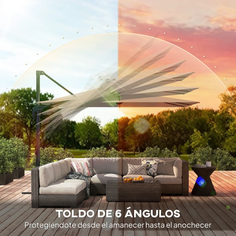 Outsunny Parasol Excéntrico 2,9x2,9 m de Aluminio con Manivela Inclinación Ajustable Giratorio 360° Base Cruzada y Funda Caqui