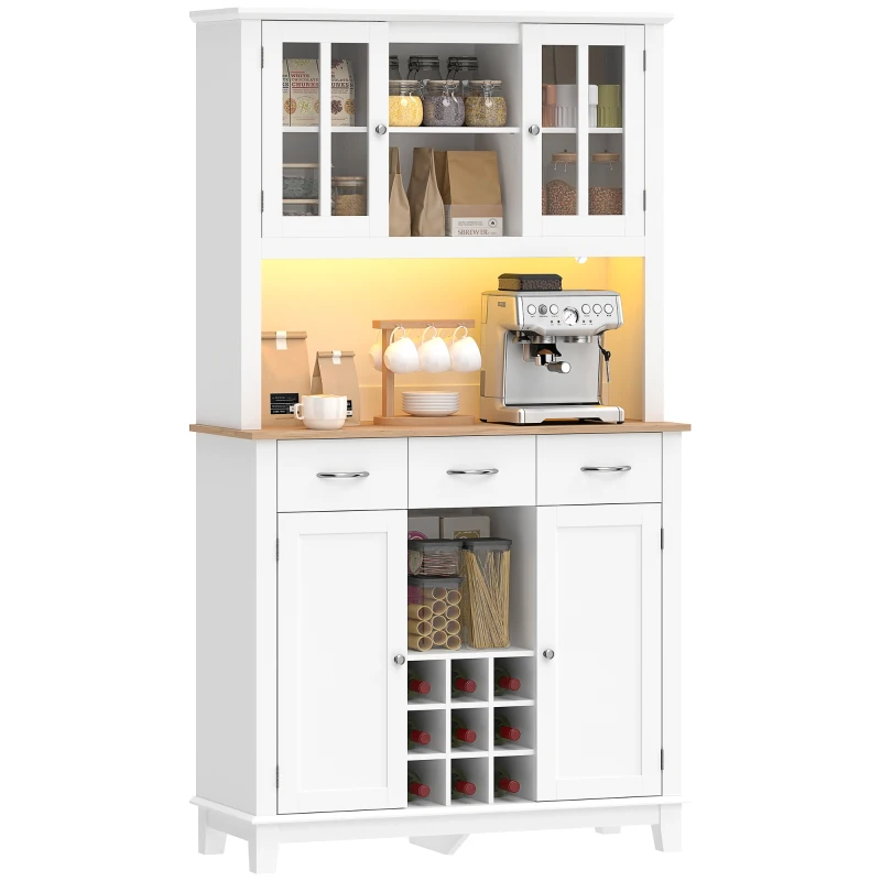 HOMCOM Alacena de Cozinha com Iluminação LED Controlada por APP Tampo para Micro-ondas Suporte para Garrafas Portas de Vidro Branco