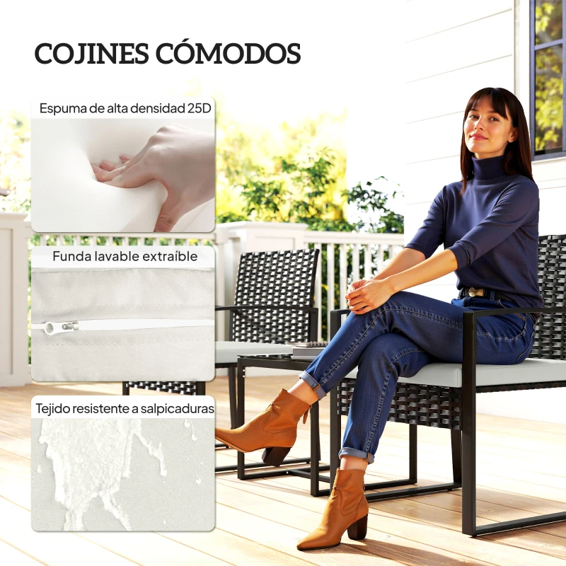 Outsunny Conjunto de Muebles de Jardín de Ratán Sintético con 2 Sillas con Cojines Extraíbles y Mesa con Tablero de Vidrio Crema