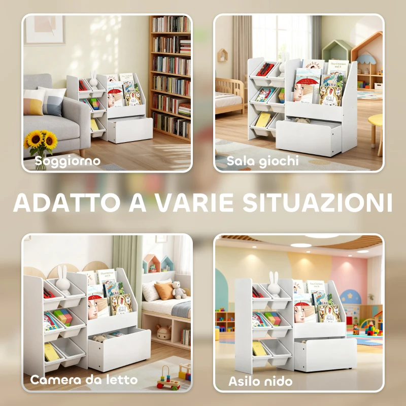 AIYAPLAY Scaffale Portagiochi con 6 Cesti, 3 Ripiani e Box Inferiore, in Legno, Plastica e Acciaio, 100x30x80 cm, Bianco