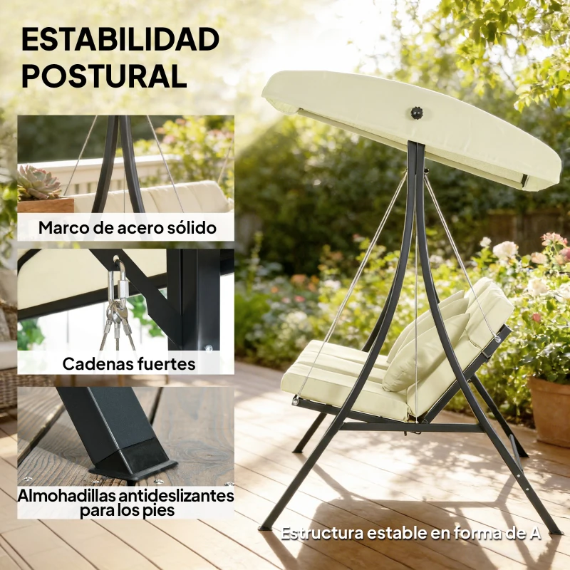 Outsunny Balancín de Jardín Exterior Columpio de 3 Plazas con Toldo Ajustable y Marco de Acero 202x115x168 cm Beige