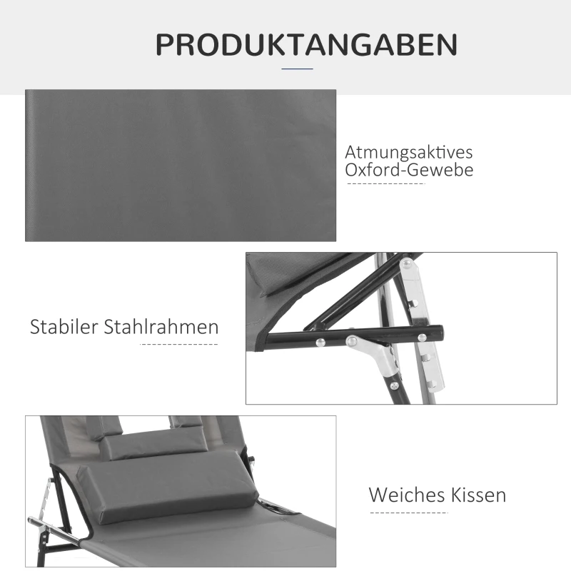 Outsunny Sonnenliege mit Gesichtsloch & Kissen, klappbar, wasserabweisender Bezug, Metallrahmen, Dunkelgrau