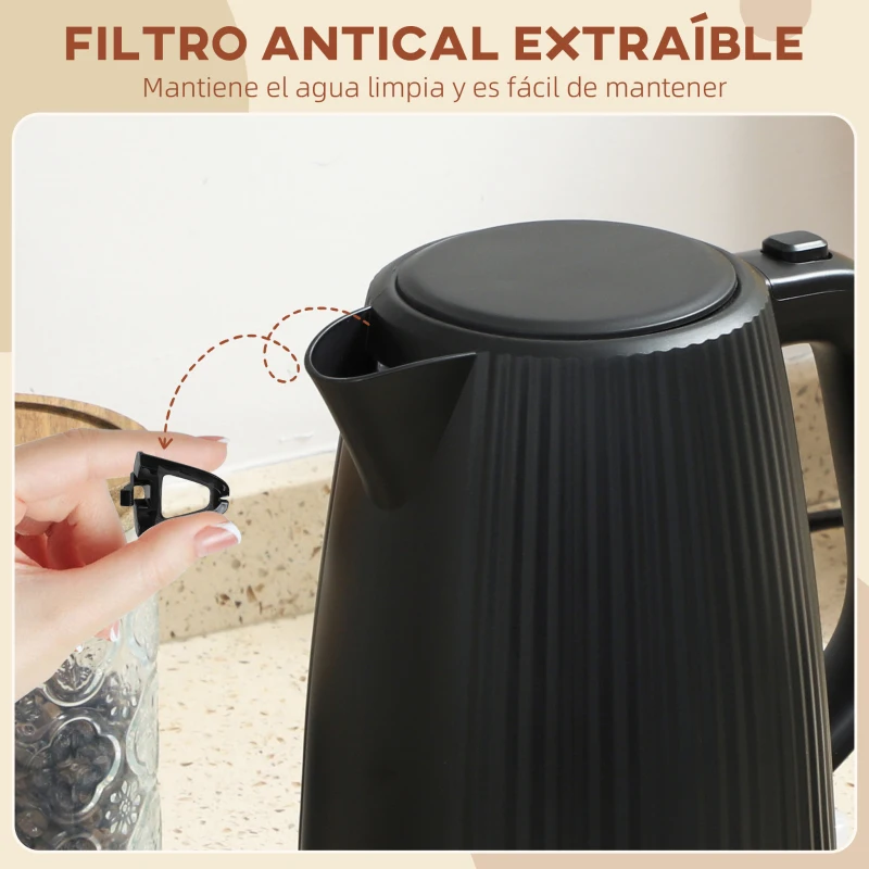 HOMCOM Hervidor Eléctrico 1,7L 2200W con Filtro Antical Desmontable Apagado Automático Base Giratoria 360° Negro