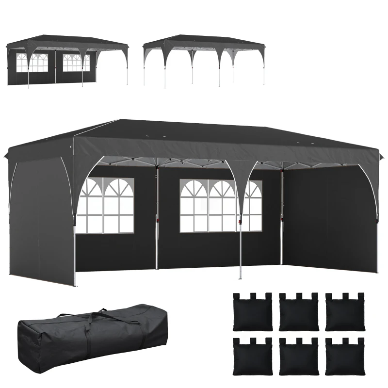 Outsunny Carpa Plegable 6x3 m con Tiras Reflectantes UPF 50+ Fácil Montaje Sistema Central de Bloqueo Impermeable Gris Oscuro
